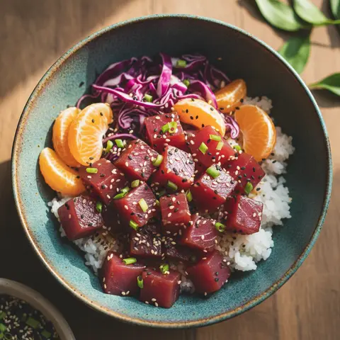 Poke bowl thon & sésame chou rouge clémentine