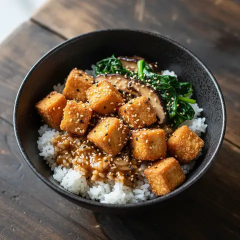 Poêlée tofu & champignons miso épinards sur riz