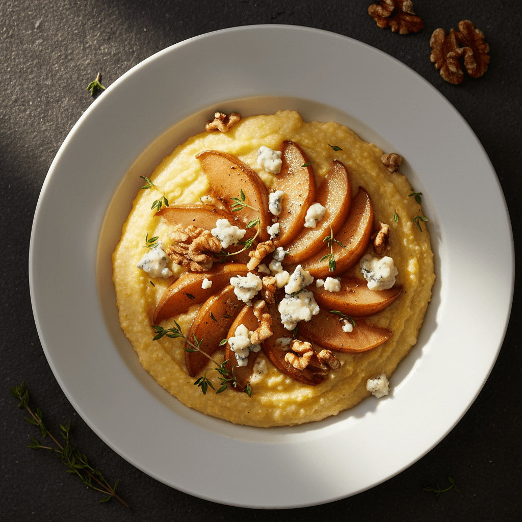 Polenta crémeuse & gorgonzola poire noix thym