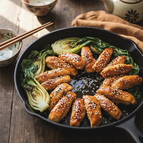 Poulet poêlé & miel soja gingembre sésame pak choï