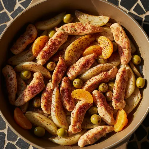 Poulet poêlé & sumac fenouil clémentine olives