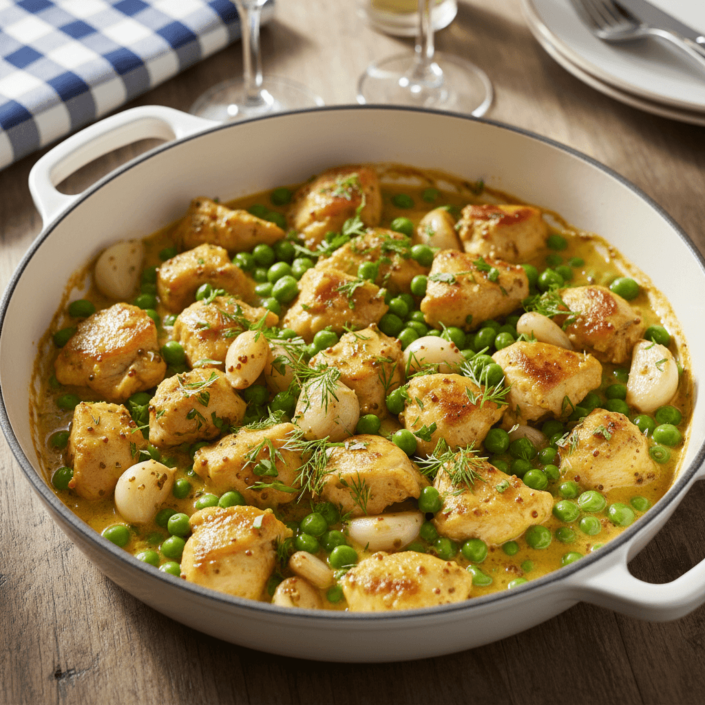 Poulet sauté aillet & petit pois à la moutarde