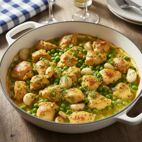 Poulet sauté aillet & petit pois à la moutarde