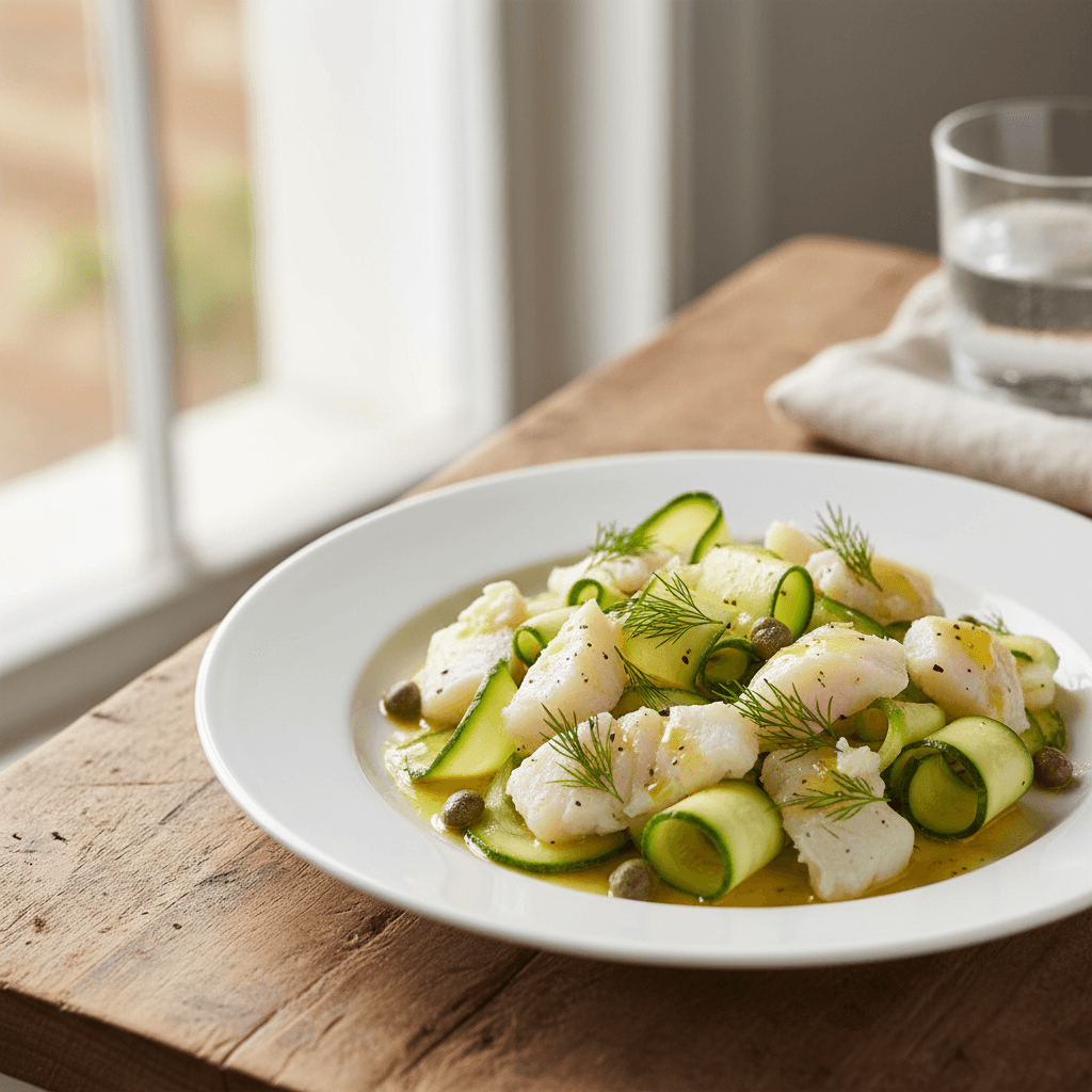 Salade cabillaud poché & courgette citron câpres
