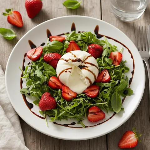 Salade fraises & burrata à la roquette