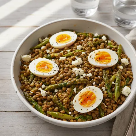 Salade lentilles & asperge œuf dur moutarde