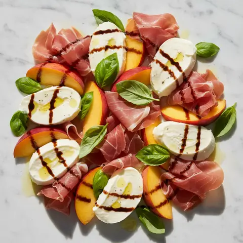Salade pêche & mozzarella prosciutto basilic