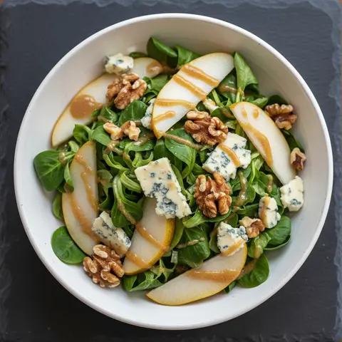 Salade poire & roquefort aux noix sur mâche