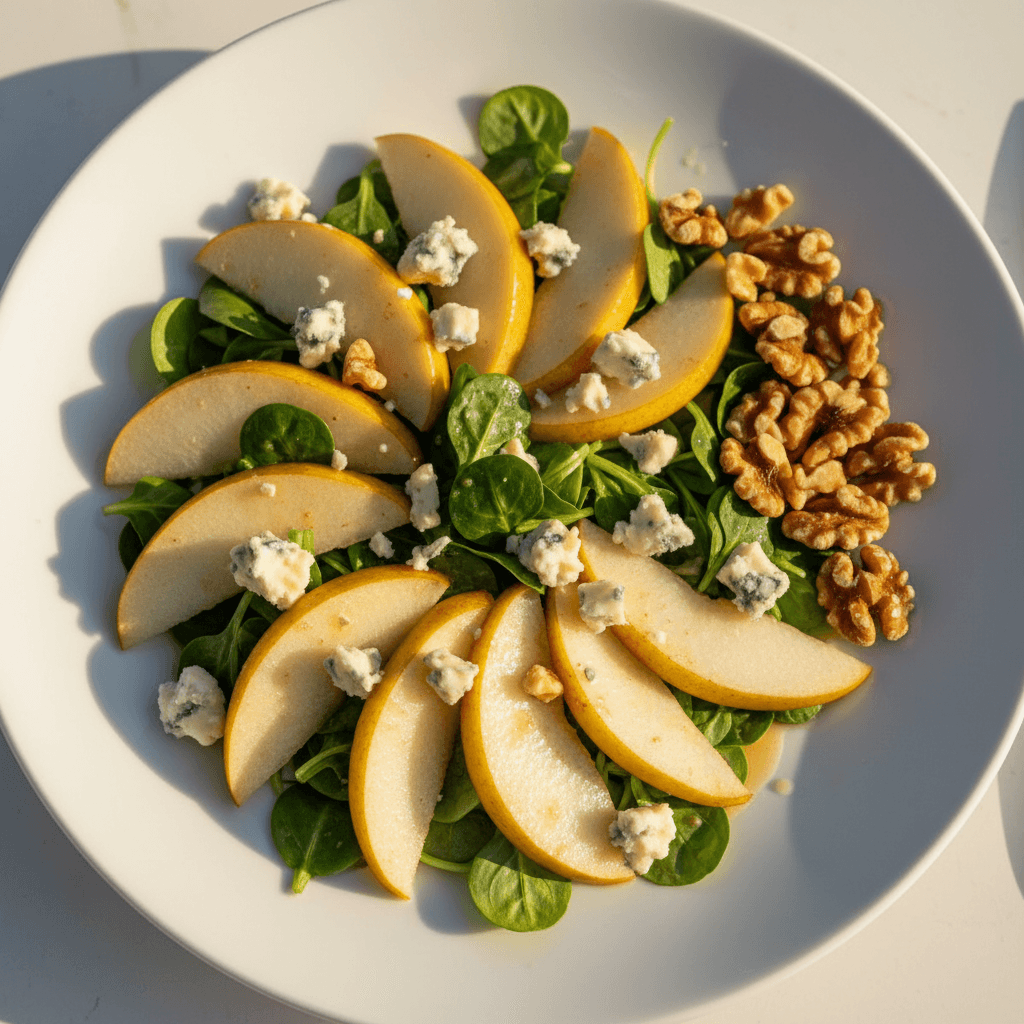 Salade poire & roquefort mâche noix grillées