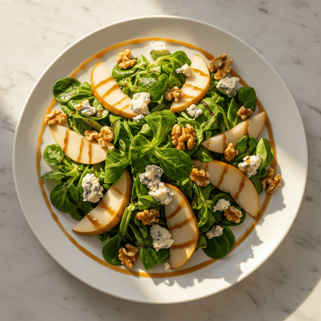 Salade poire & roquefort noix mâche au miel