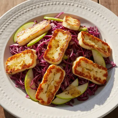 Salade chou rouge & halloumi poêlé pomme moutarde miel