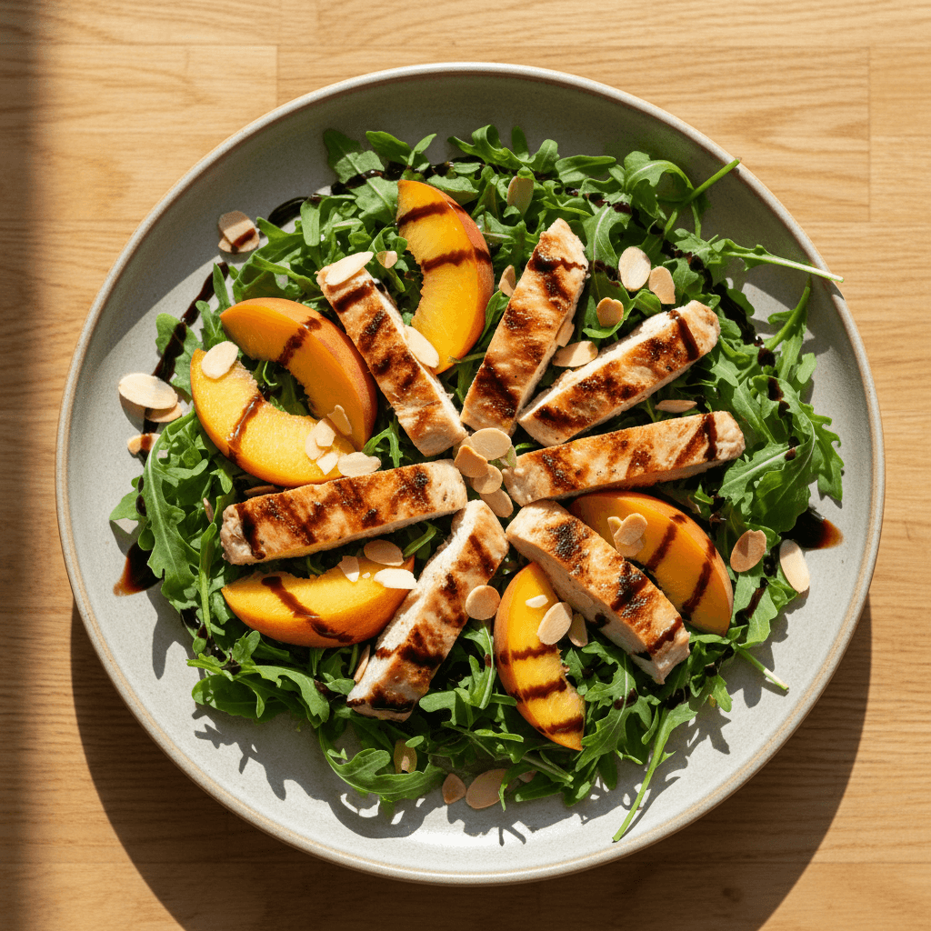 Salade poulet grillé & pêche à la roquette amandes