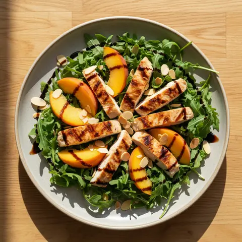 Salade poulet grillé & pêche à la roquette amandes