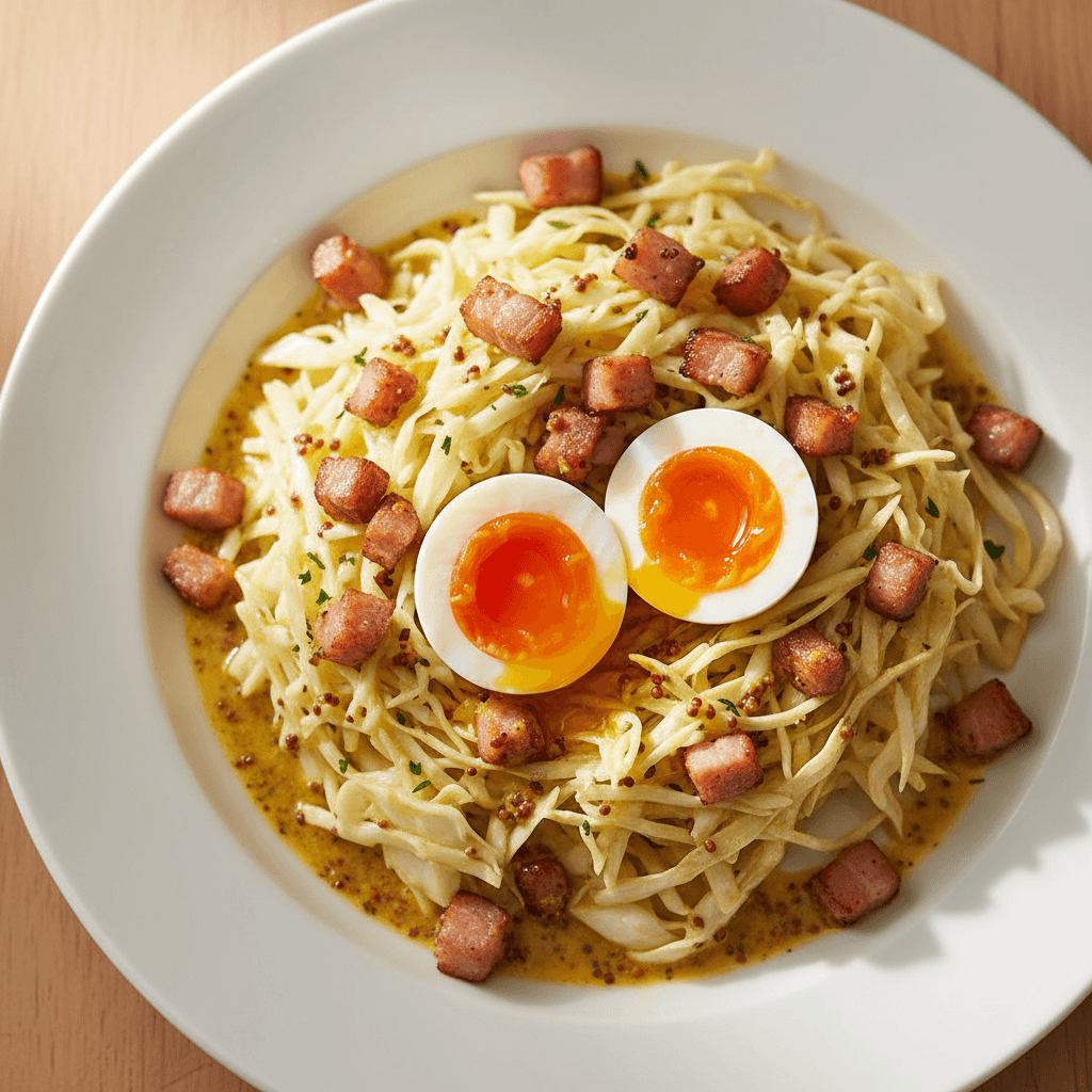 Salade tiède chou blanc & lardon œuf mollet moutarde