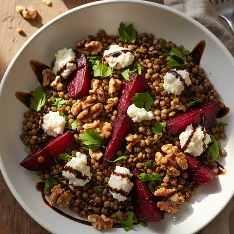 Salade tiède lentilles & betterave noix chèvre balsamique