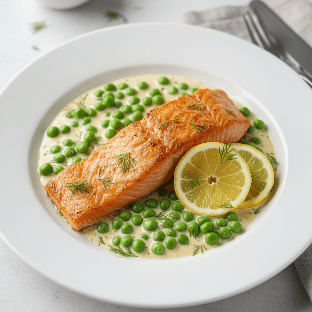 Pavé saumon & crème aneth petits pois