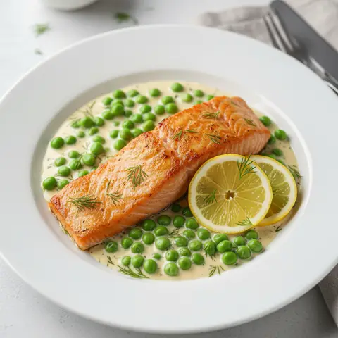 Pavé saumon & crème aneth petits pois