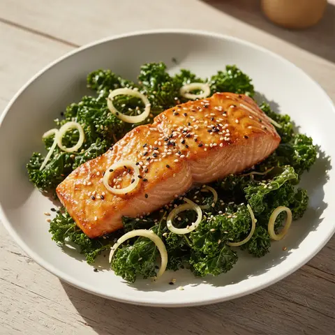 Saumon poêlé & kale miso gingembre sésame