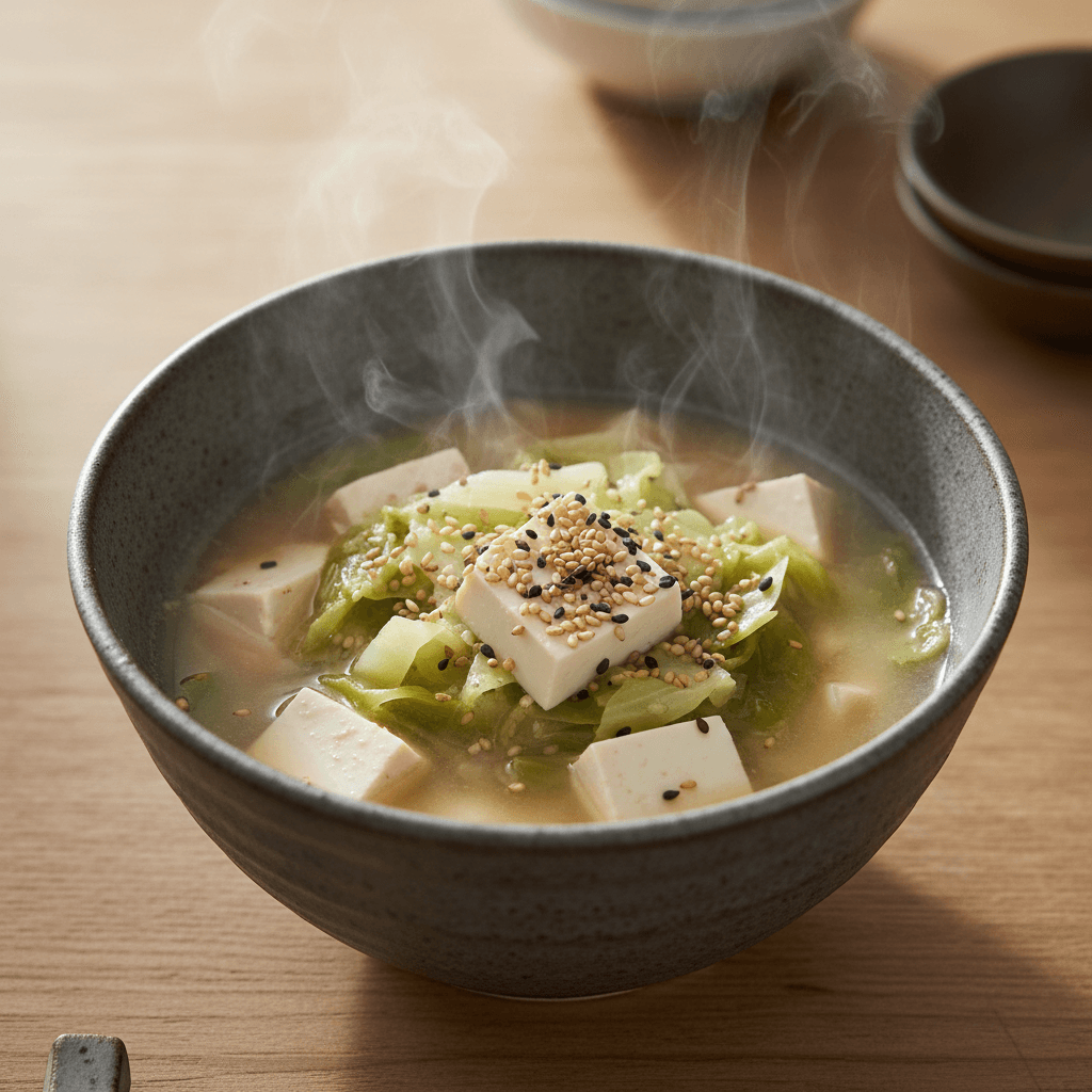 Soupe chou & miso gingembre sésame tofu soyeux