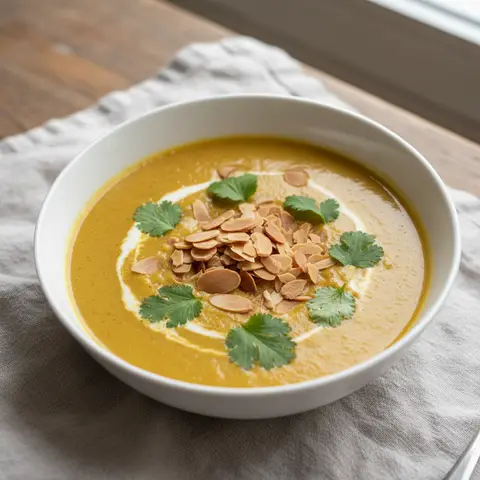 Soupe chou-fleur & curry doux amandes grillées