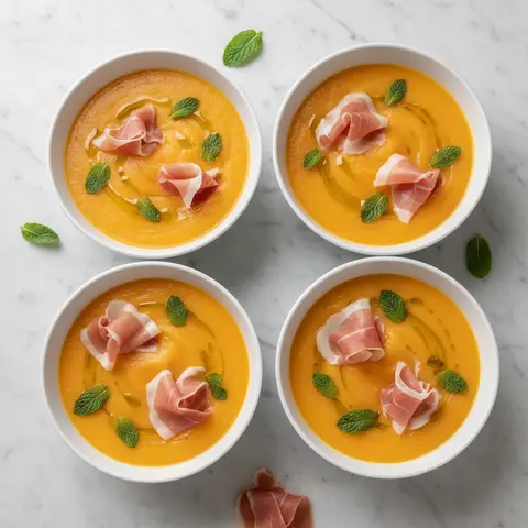 Soupe froide melon & jambon cru à la menthe