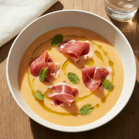 Soupe froide melon & menthe au jambon ibérique