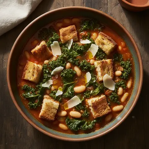 Soupe kale & haricots blancs au parmesan croûtons