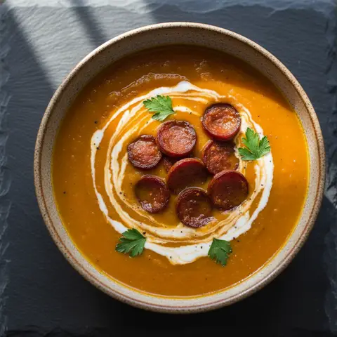 Soupe lentilles corail & potimarron chorizo croustillant