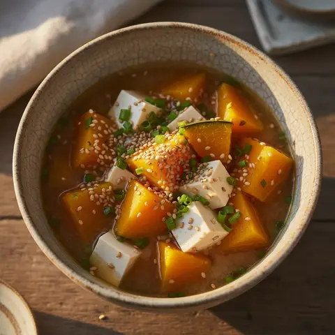 Soupe miso & courge butternut au tofu sésame