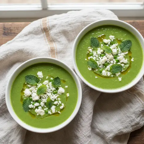 Soupe glacée petit pois & menthe à la feta
