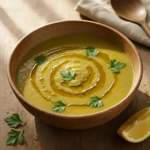 Soupe pois cassés & cumin citron huile à l'ail