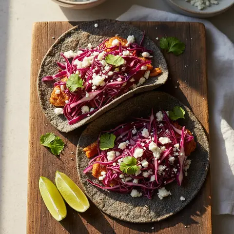 Tacos haricots noirs & feta chou rouge lime