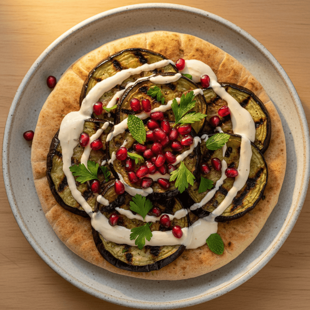 Tartine aubergine fondante & tahini à la grenade