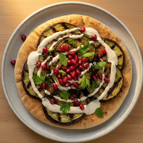 Tartine aubergine fondante & tahini à la grenade