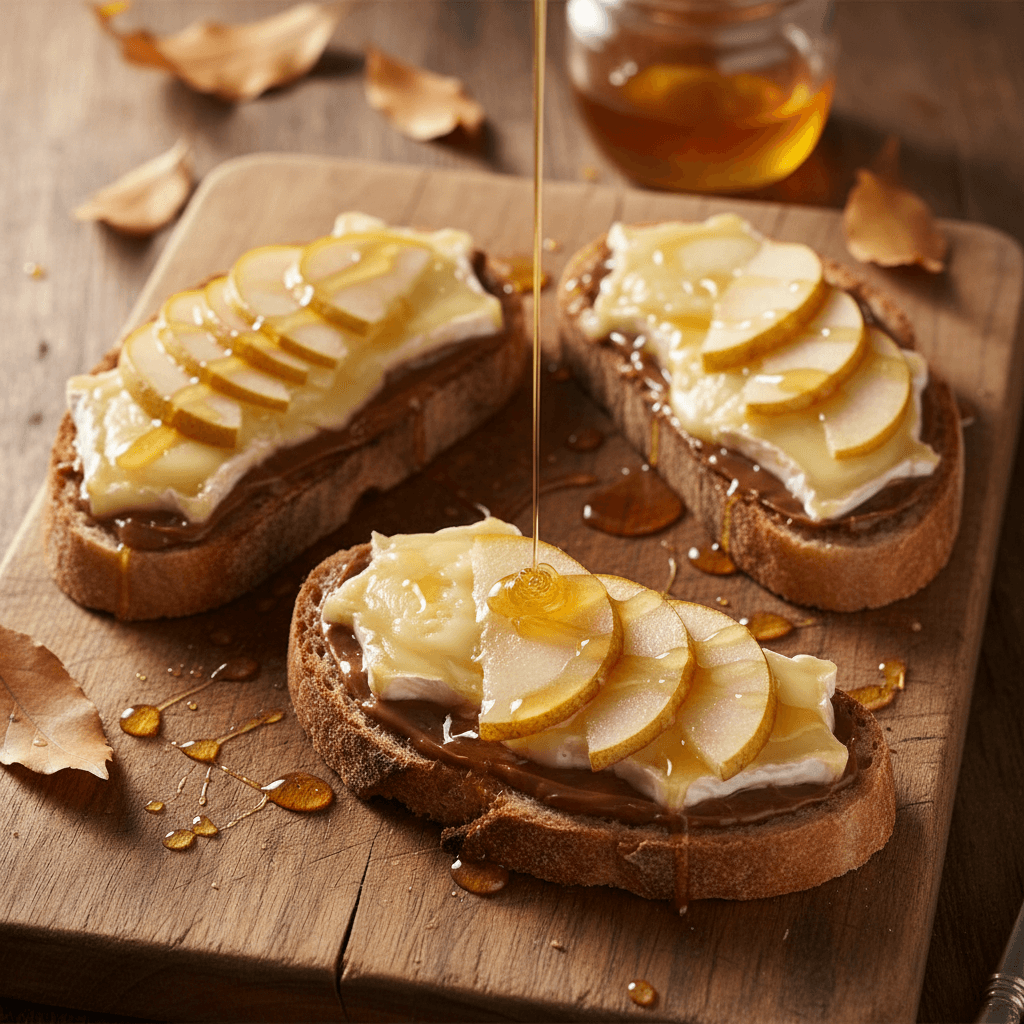 Tartine châtaigne & brie fondu à la poire miel