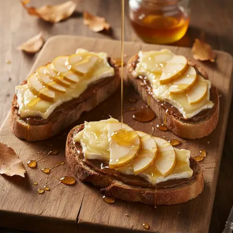 Tartine châtaigne & brie fondu à la poire miel