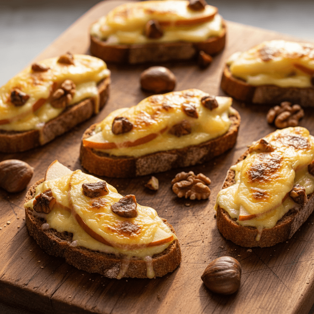 Tartine châtaigne & reblochon poire noix fondu