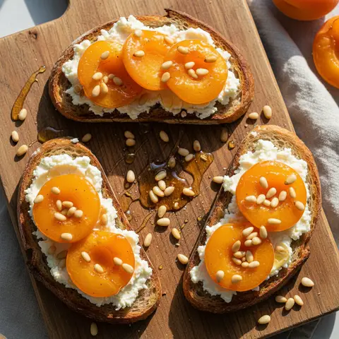 Tartine chèvre & abricot rôti au miel pignons