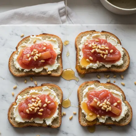 Tartine chèvre & rhubarbe au miel et pignons