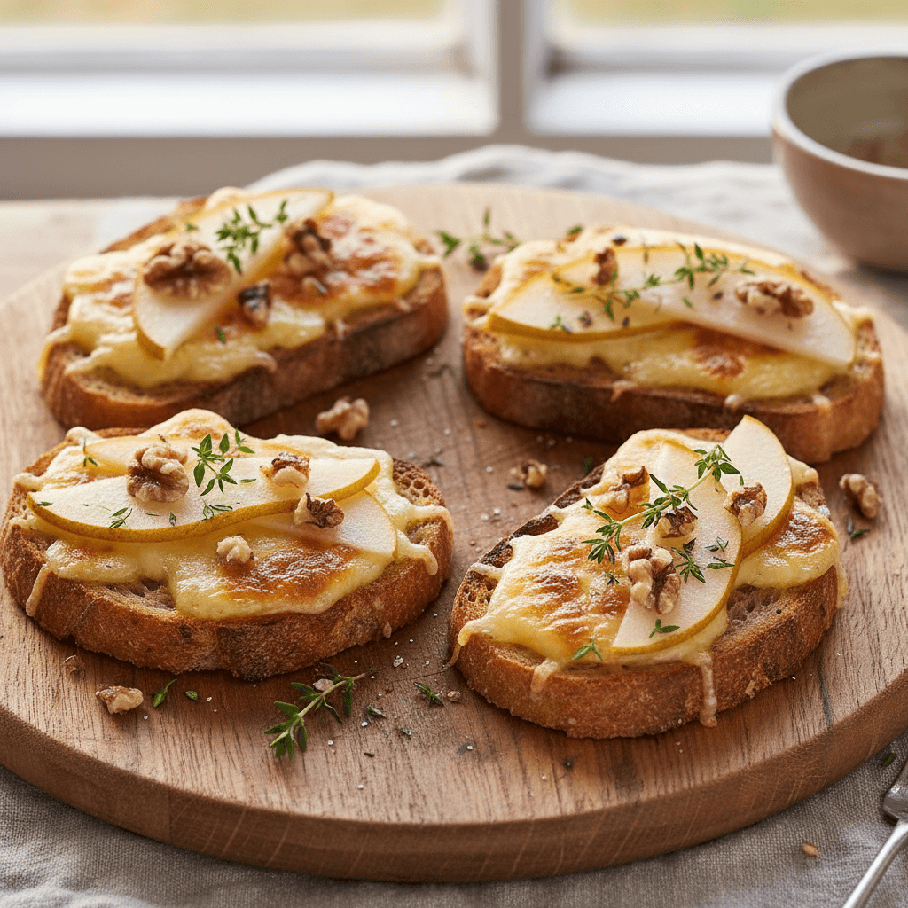 Tartine comté fondu & poire thym noix