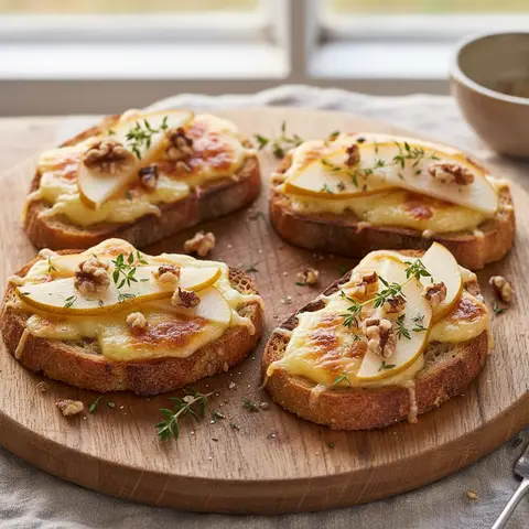 Tartine comté fondu & poire thym noix