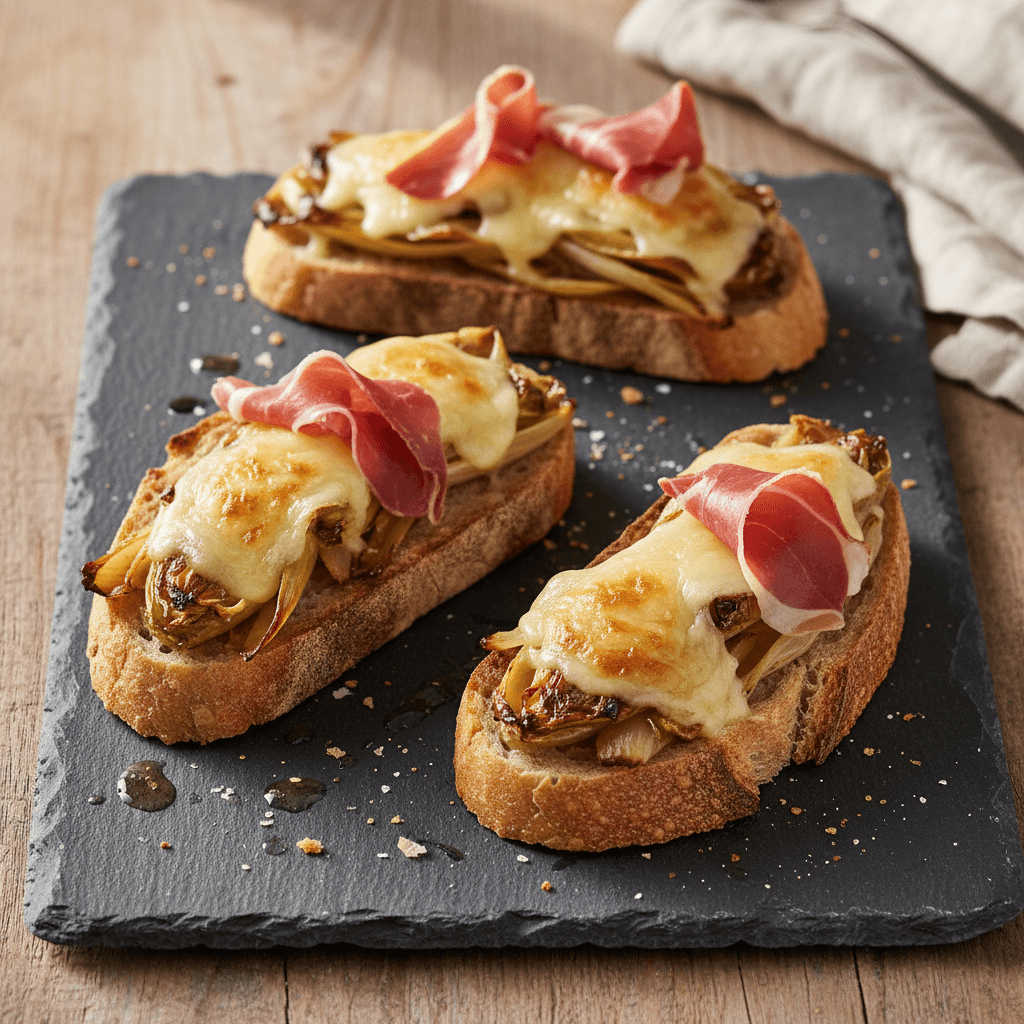 Tartine endive braisée & comté jambon cru miel