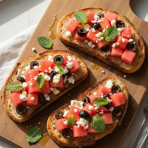 Tartine feta & pastèque à la menthe olives noires