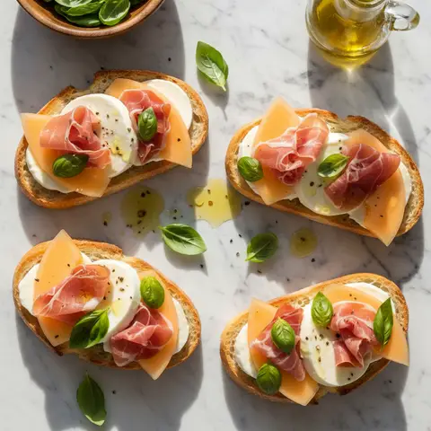 Tartine melon & jambon cru mozzarella basilic