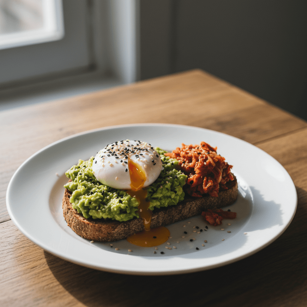 Toast avocat & œuf poché kimchi sésame