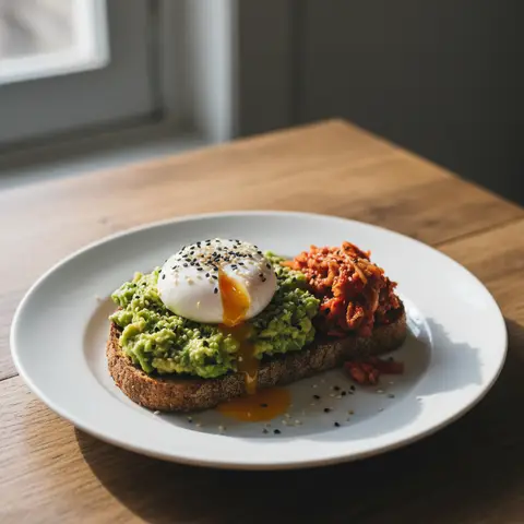 Toast avocat & œuf poché kimchi sésame