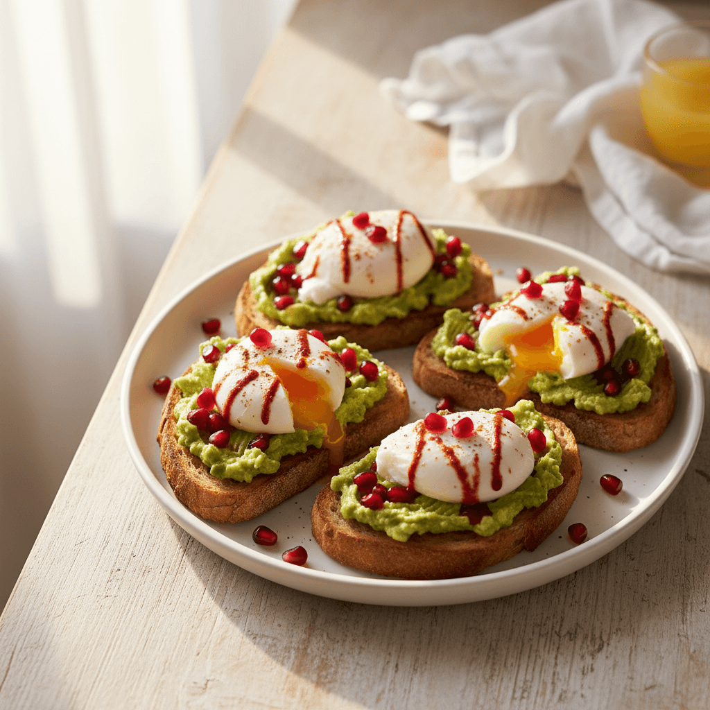 Toast avocat & œuf poché harissa grenade