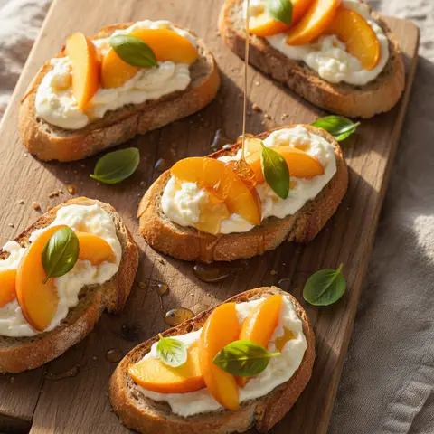 Toast burrata & pêche au basilic et miel