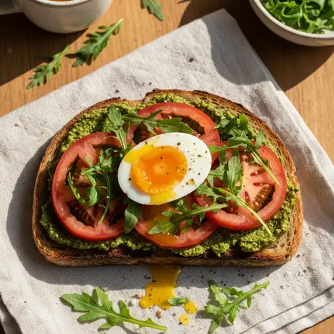Toast œuf mollet & pesto tomate roquette