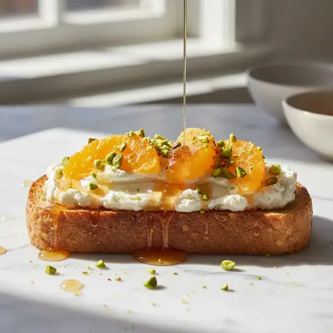 Toast ricotta & orange confite miel pistache